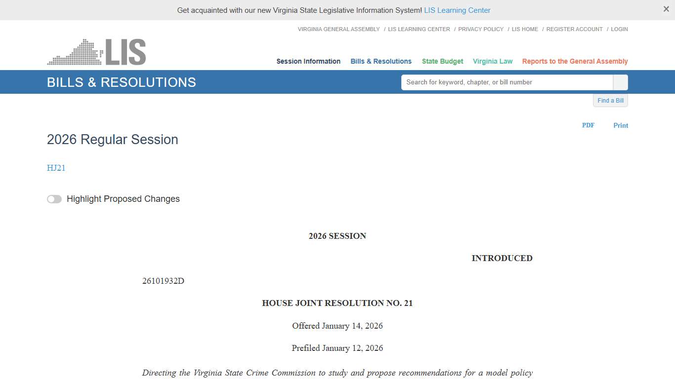 HJ21 - 2026 Regular Session LIS