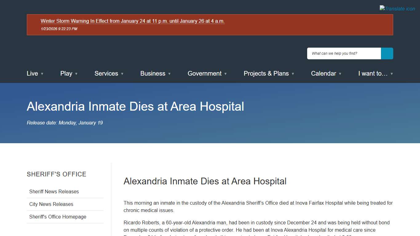 [Current] Alexandria Inmate Dies at Area Hospital City of Alexandria, VA